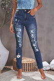 Sky Blue Floral Leopard Ripped Boyfriend Distressed Denim Pants Jeans LC782289-4