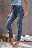 Sky Blue Floral Leopard Ripped Boyfriend Distressed Denim Pants Jeans LC782289-4