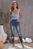 Sky Blue Floral Leopard Ripped Boyfriend Distressed Denim Pants Jeans LC782289-4