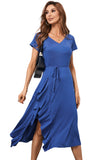 Blue Blue V Neck Ruffle Short Sleeve Midi Dress with Belt LC617504-5