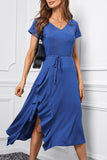 Blue Blue V Neck Ruffle Short Sleeve Midi Dress with Belt LC617504-5