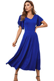 Blue V Neck Ruffled Sleeve Empire Waist Flare Long Dress LC617472-5