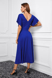 Blue V Neck Ruffled Sleeve Empire Waist Flare Long Dress LC617472-5