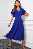 Blue V Neck Ruffled Sleeve Empire Waist Flare Long Dress LC617472-5