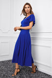 Blue V Neck Ruffled Sleeve Empire Waist Flare Long Dress LC617472-5