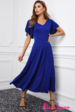 Blue V Neck Ruffled Sleeve Empire Waist Flare Long Dress LC617472-5