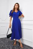 Blue V Neck Ruffled Sleeve Empire Waist Flare Long Dress LC617472-5