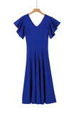 Blue V Neck Ruffled Sleeve Empire Waist Flare Long Dress LC617472-5
