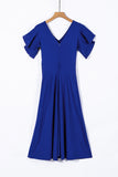 Blue V Neck Ruffled Sleeve Empire Waist Flare Long Dress LC617472-5