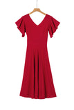 Red V Neck Ruffled Sleeve Empire Waist Flare Long Dress LC617472-3