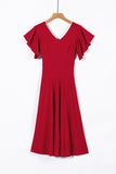Red V Neck Ruffled Sleeve Empire Waist Flare Long Dress LC617472-3