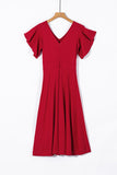 Red V Neck Ruffled Sleeve Empire Waist Flare Long Dress LC617472-3