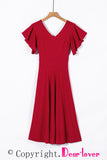 Red V Neck Ruffled Sleeve Empire Waist Flare Long Dress LC617472-3