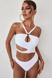 White Women's One-piece Swimsuits Solid Padded Cut-out Sleeveless Halter Adjustable Wire-free Sexy Swimsuits LC44844-1