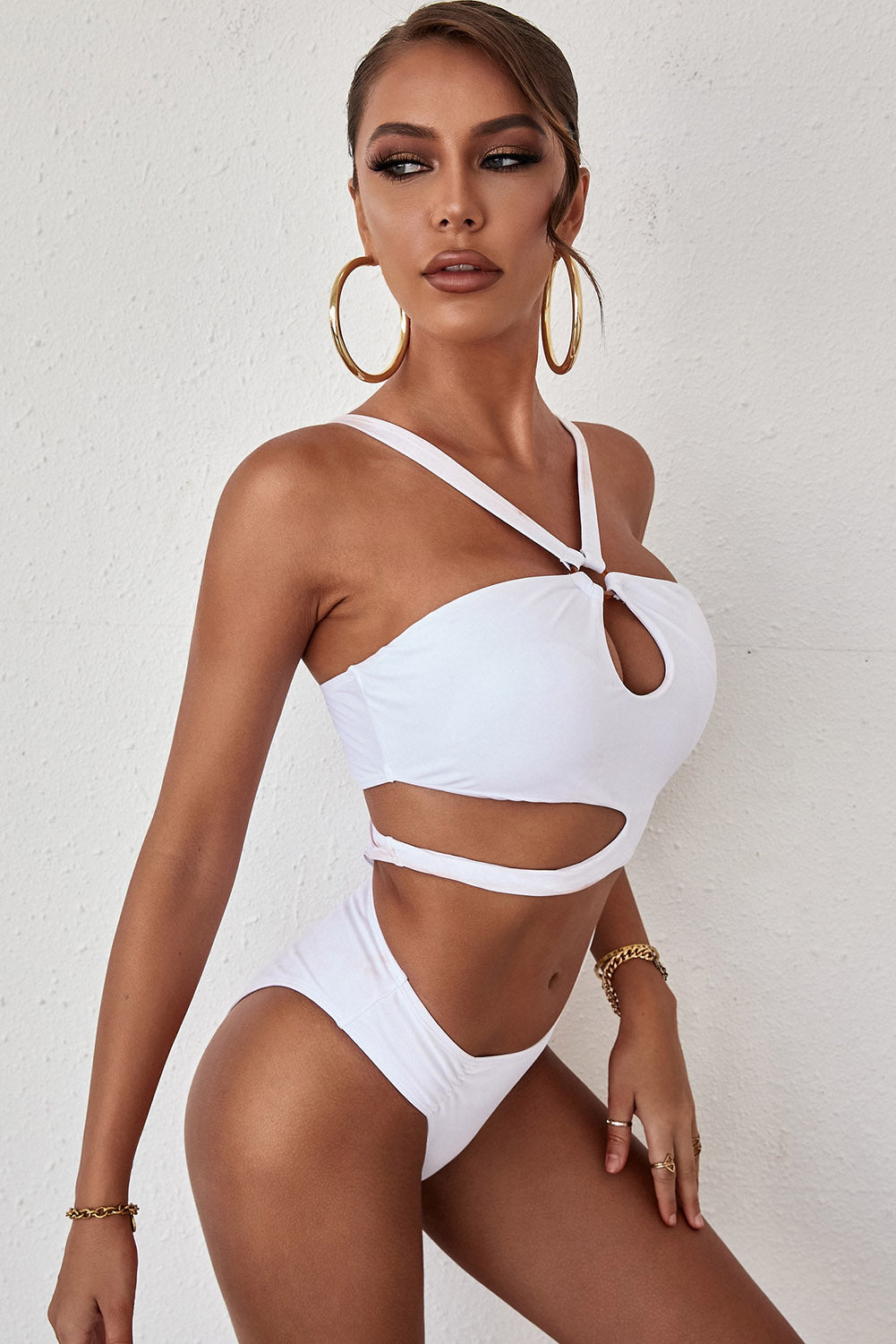 White Women's One-piece Swimsuits Solid Padded Cut-out Sleeveless Halter Adjustable Wire-free Sexy Swimsuits LC44844-1