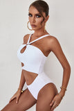 White Women's One-piece Swimsuits Solid Padded Cut-out Sleeveless Halter Adjustable Wire-free Sexy Swimsuits LC44844-1