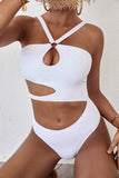 White Women's One-piece Swimsuits Solid Padded Cut-out Sleeveless Halter Adjustable Wire-free Sexy Swimsuits LC44844-1