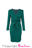 Green Ladies V Neck Long Sleeve Dress Side Split Bodycon Dress with Belt LC229110-9