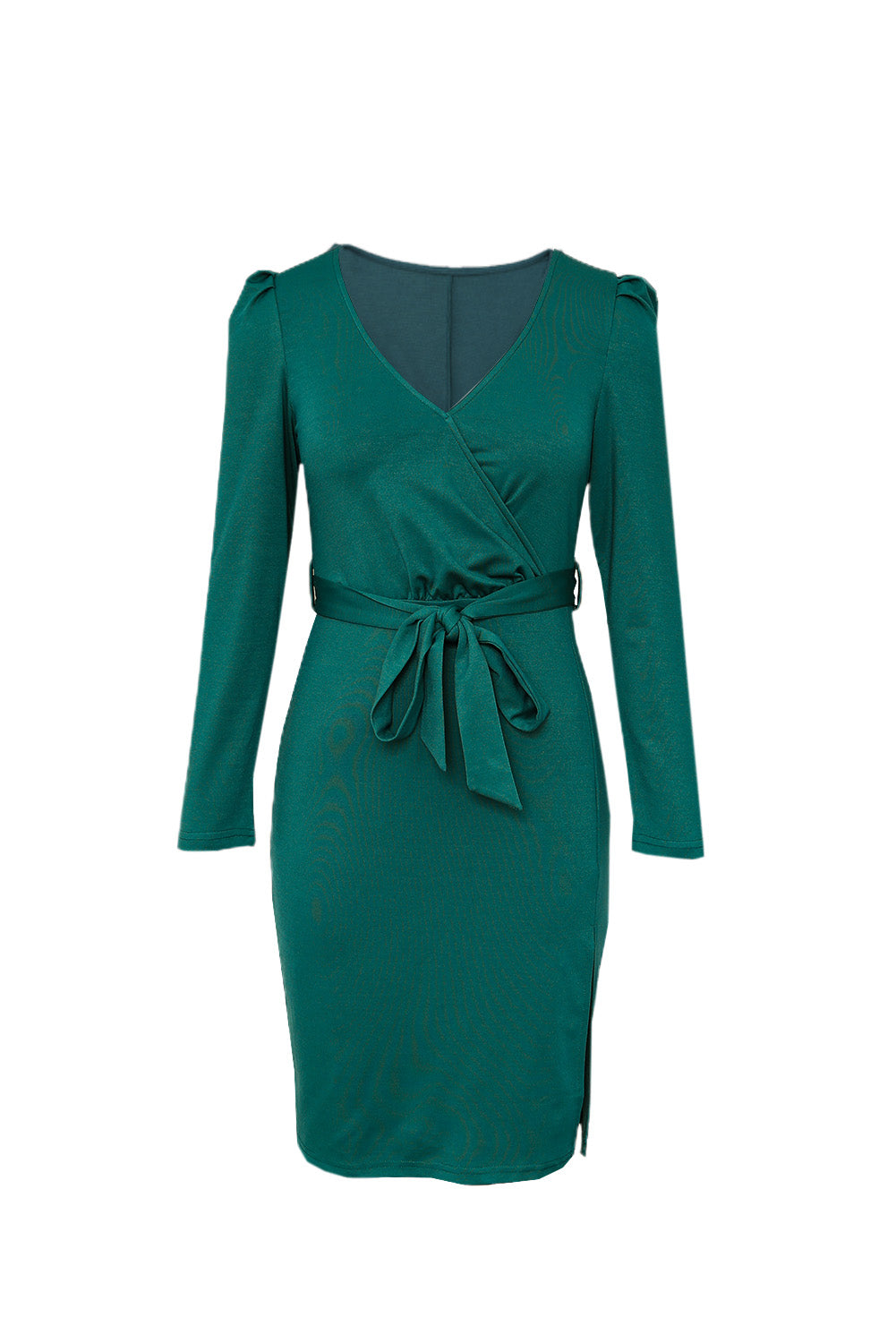 Green Ladies V Neck Long Sleeve Dress Side Split Bodycon Dress with Belt LC229110-9