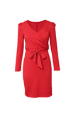 Red Ladies V Neck Long Sleeve Dress Side Split Bodycon Dress with Belt LC229110-3