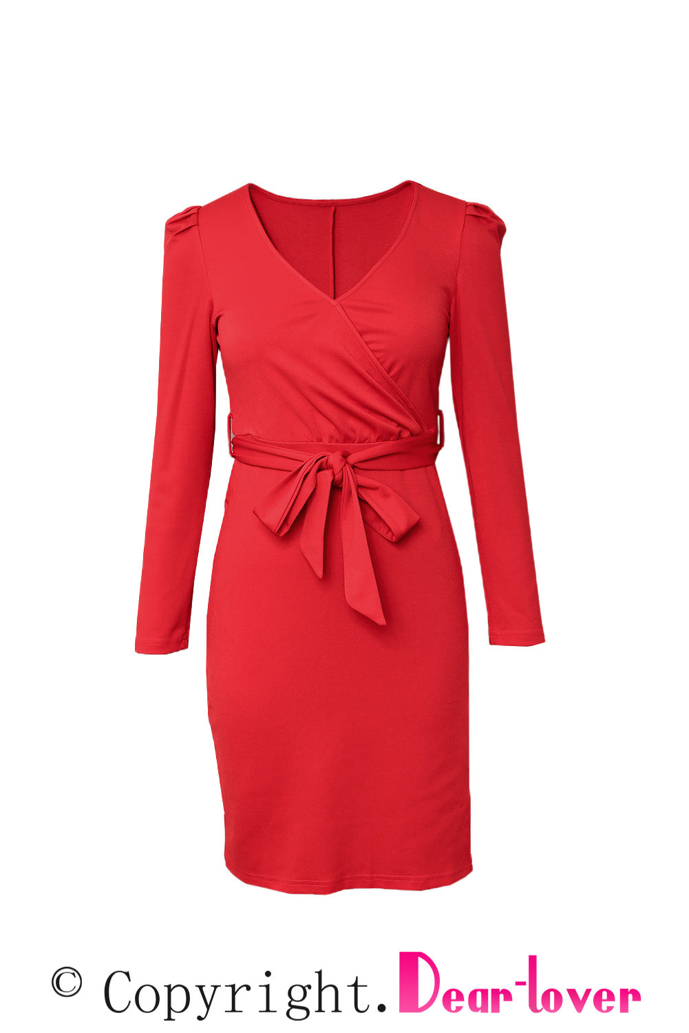 Red Ladies V Neck Long Sleeve Dress Side Split Bodycon Dress with Belt LC229110-3