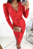 Red Ladies V Neck Long Sleeve Dress Side Split Bodycon Dress with Belt LC229110-3