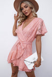 Pink White Mini Dress Wrap V Neck Floral Lace Short Dress LC224799-10