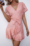 Pink White Mini Dress Wrap V Neck Floral Lace Short Dress LC224799-10