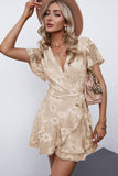 Apricot White Mini Dress Wrap V Neck Floral Lace Short Dress LC224799-18