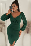 Green Wrapped Bodice Bodycon Mini Dress Bubble Sleeve V Neck Dress with Slit LC227033-9