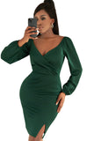 Green Wrapped Bodice Bodycon Mini Dress Bubble Sleeve V Neck Dress with Slit LC227033-9