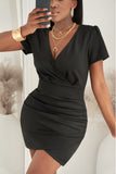 Black Short Sleeve Wrap V Neck Bodycon Ruched Mini Dress for Ladies LC228867-2