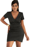 Black Short Sleeve Wrap V Neck Bodycon Ruched Mini Dress for Ladies LC228867-2