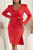 Red Ladies V Neck Long Sleeve Dress Side Split Bodycon Dress with Belt LC229110-3