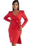 Red Ladies V Neck Long Sleeve Dress Side Split Bodycon Dress with Belt LC229110-3