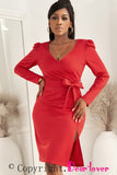 Red Ladies V Neck Long Sleeve Dress Side Split Bodycon Dress with Belt LC229110-3