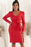 Red Ladies V Neck Long Sleeve Dress Side Split Bodycon Dress with Belt LC229110-3