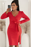 Red Ladies V Neck Long Sleeve Dress Side Split Bodycon Dress with Belt LC229110-3