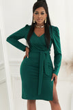 Green Ladies V Neck Long Sleeve Dress Side Split Bodycon Dress with Belt LC229110-9