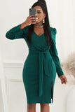 Green Ladies V Neck Long Sleeve Dress Side Split Bodycon Dress with Belt LC229110-9