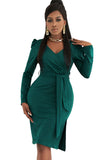 Green Ladies V Neck Long Sleeve Dress Side Split Bodycon Dress with Belt LC229110-9