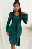 Green Ladies V Neck Long Sleeve Dress Side Split Bodycon Dress with Belt LC229110-9