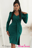 Green Ladies V Neck Long Sleeve Dress Side Split Bodycon Dress with Belt LC229110-9