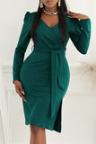 Green Ladies V Neck Long Sleeve Dress Side Split Bodycon Dress with Belt LC229110-9