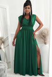 Green Crochet V Neck Maxi Dress Sleeveless Pleated High Waist Long Dress LC615797-9