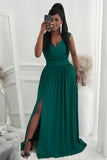 Green Womens V Neck Ruched Lace Splicing Maxi Dress with Side Split LC617432-9