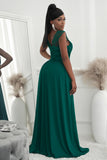 Green Womens V Neck Ruched Lace Splicing Maxi Dress with Side Split LC617432-9