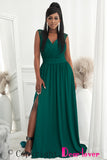 Green Womens V Neck Ruched Lace Splicing Maxi Dress with Side Split LC617432-9