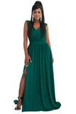 Green Womens V Neck Ruched Lace Splicing Maxi Dress with Side Split LC617432-9