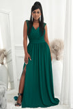 Green Womens V Neck Ruched Lace Splicing Maxi Dress with Side Split LC617432-9